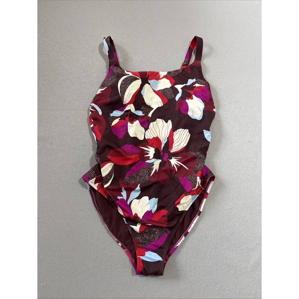 Athleta One Piece Bathing Suit Scoop Neck Tropical Print Red Blue Maroon